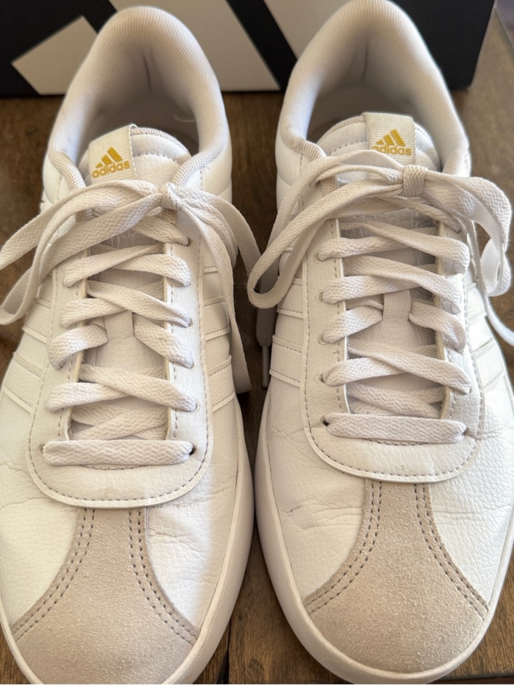 adidas White VL Court Leather Sneakers with Gold Logo